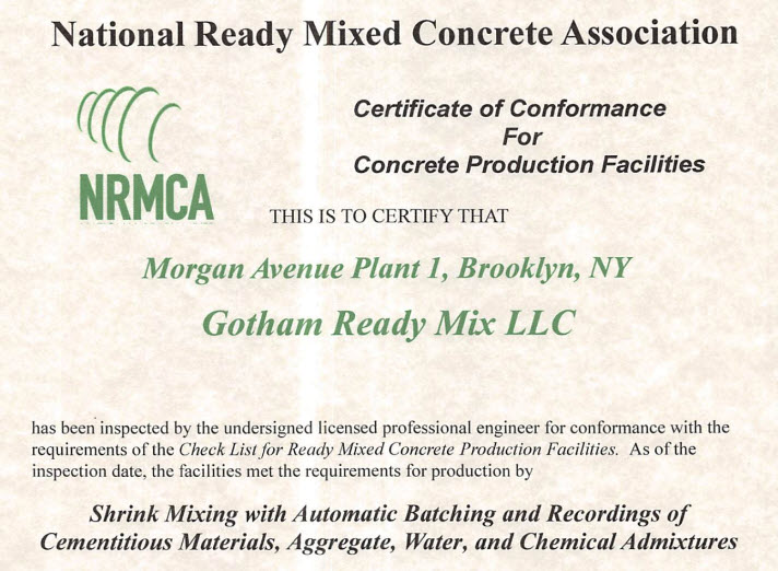 A certificate from Gotham Ready Mix, a member of the ready mixed concrete association.